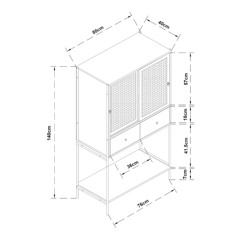Croquis coté Buffet haut Tysnes 140 x 80 x 40 cm effet chêne noir [en.casa]