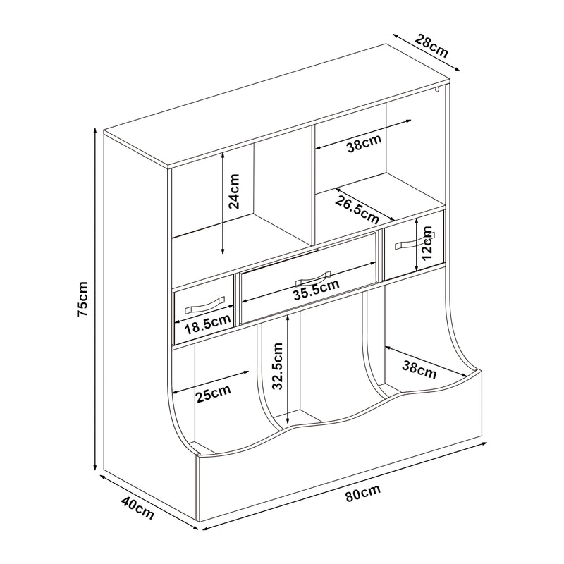 Croquis coté Bibliothèque pour enfants Vastesa 75 x 80 x 40 cm blanc [en.casa]