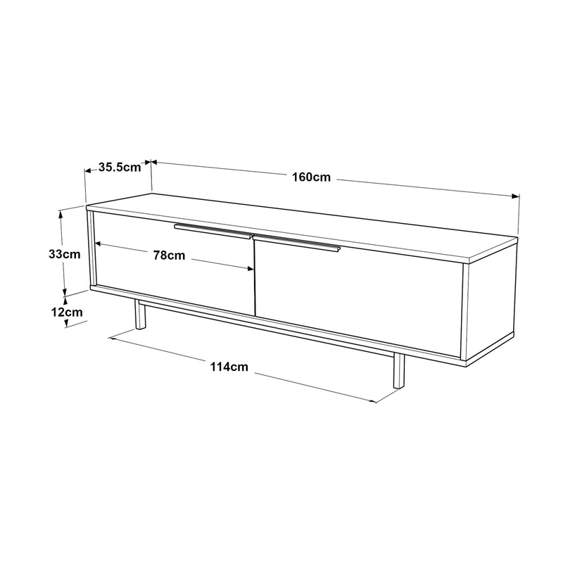 Croquis coté Meuble TV Kvænangen 160 x 36 x 45 cm effet chêne aspect rotin [en.casa]