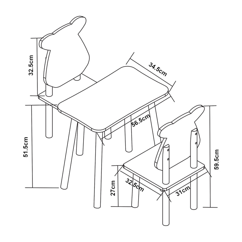 Croquis coté Ensemble de table et 2 chaises pour enfants Panjang blanc [en.casa]