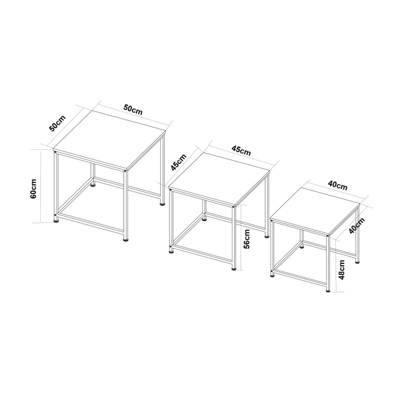 Croquis coté Lot de 3 tables basses gigognes Trollhättan noir effet marbre blanc [en.casa]