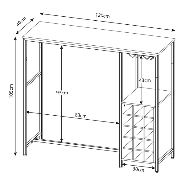 Table de bar Trøndelag 120x40x105 cm avec casier à vin pour 15 bouteilles [en.casa]