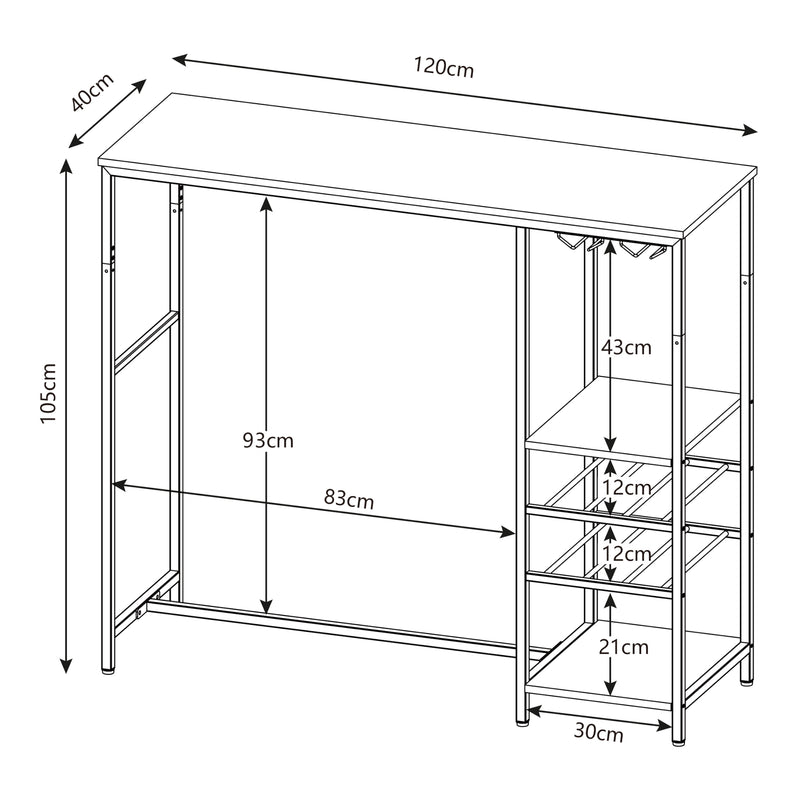 Croquis coté Table de bar Stjørdal 120 x 40 x 105 cm noir effet noyer [en.casa]