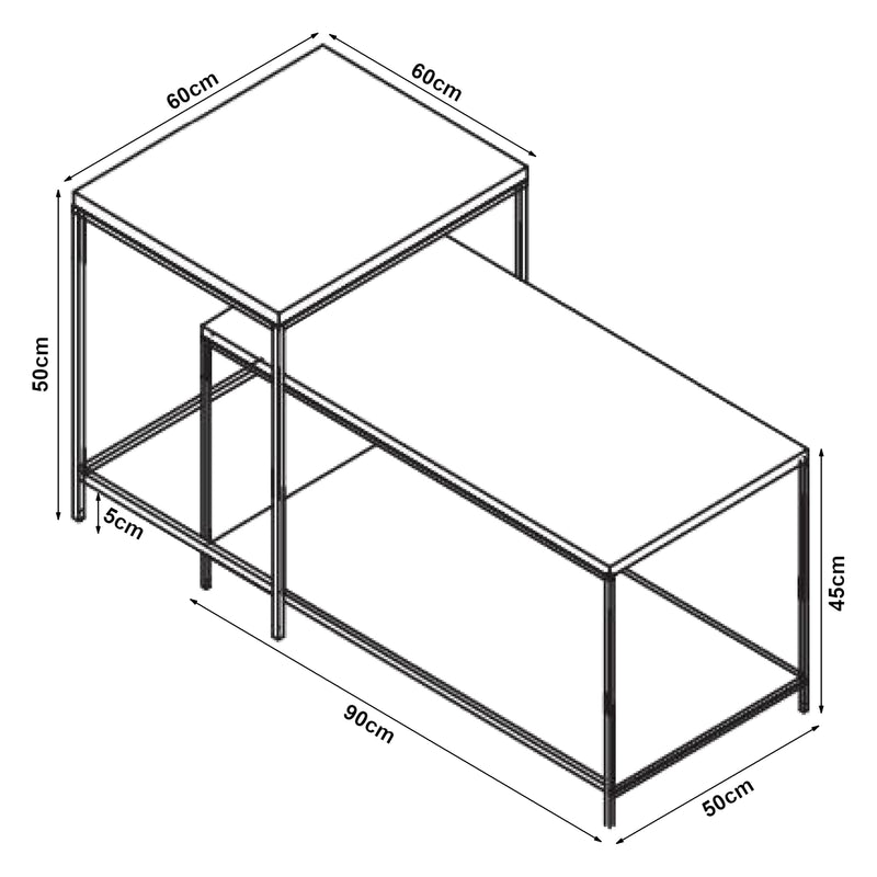 Croquis coté Ensemble de 2 tables basses gigognes Kurghore noir effet chêne foncé [en.casa]