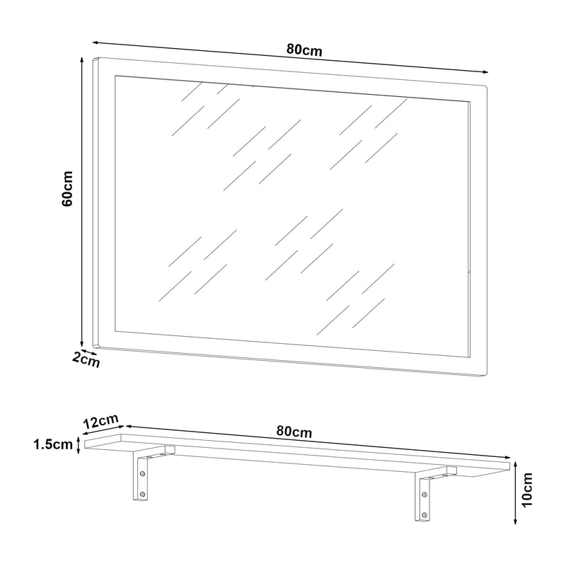 Croquis coté Miroir mural avec étagère Boksereys bambou 80 x 60 cm naturel [en.casa]