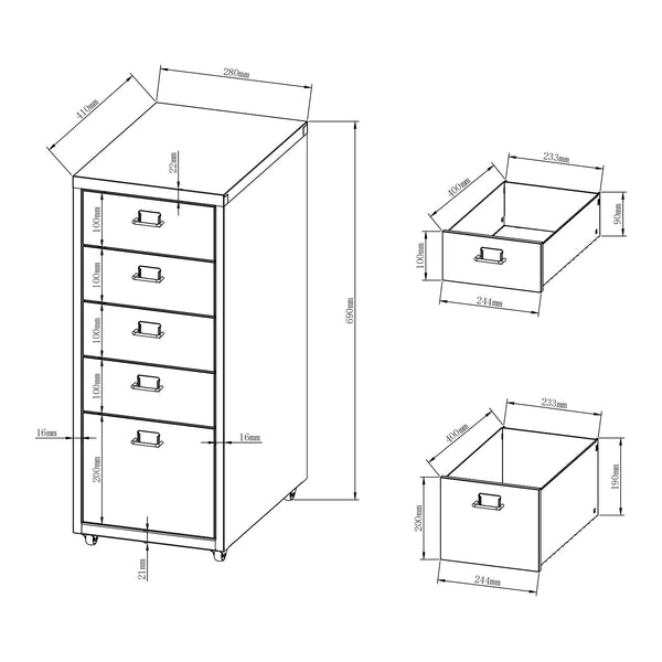 Caisson de bureau Kökar à roulettes avec 5 tiroirs 69 x 28 x 41 cm [en.casa]