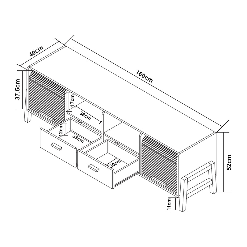Croquis coté Meuble TV Kvaefjord 160 x 40 x 52 cm blanc gris naturel [en.casa]