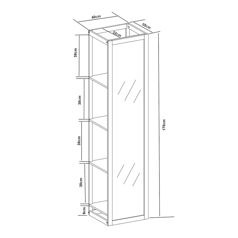 Croquis coté Étagère avec miroir intégré As bambou 170 x 40 x 35 cm naturel blanc [en.casa]