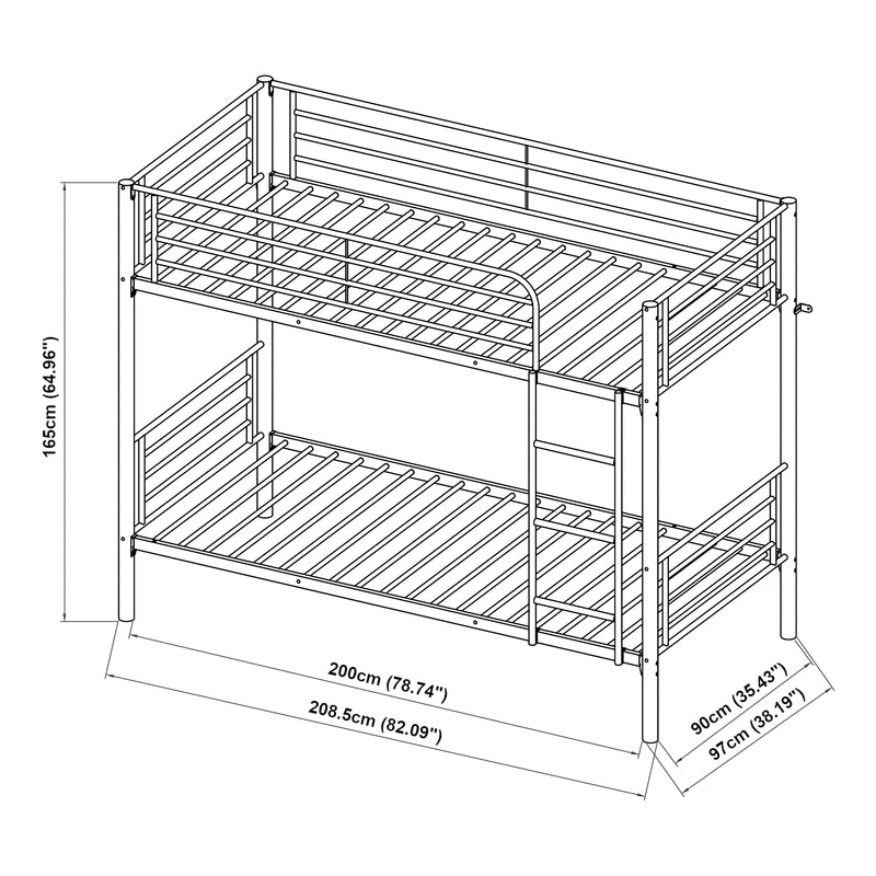 Croquis coté Lit superposé Soppsar avec 2 matelas acier 209 x 97 x 165 cm argent [en.casa]