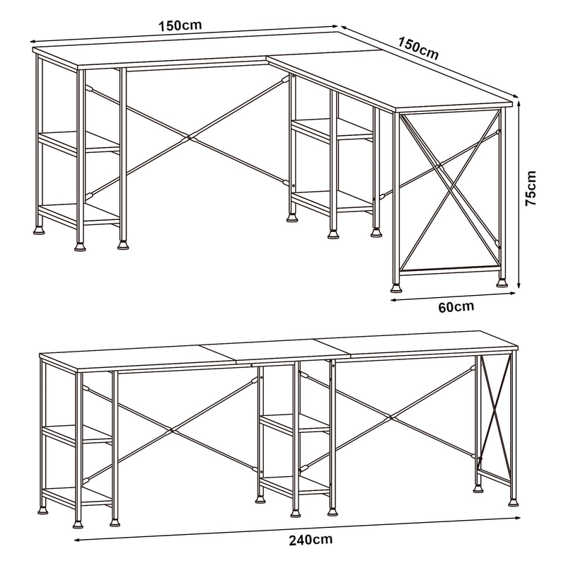 Croquis coté Bureau Klirurud 150 x 150 x 75 cm effet chêne noir [en.casa] 