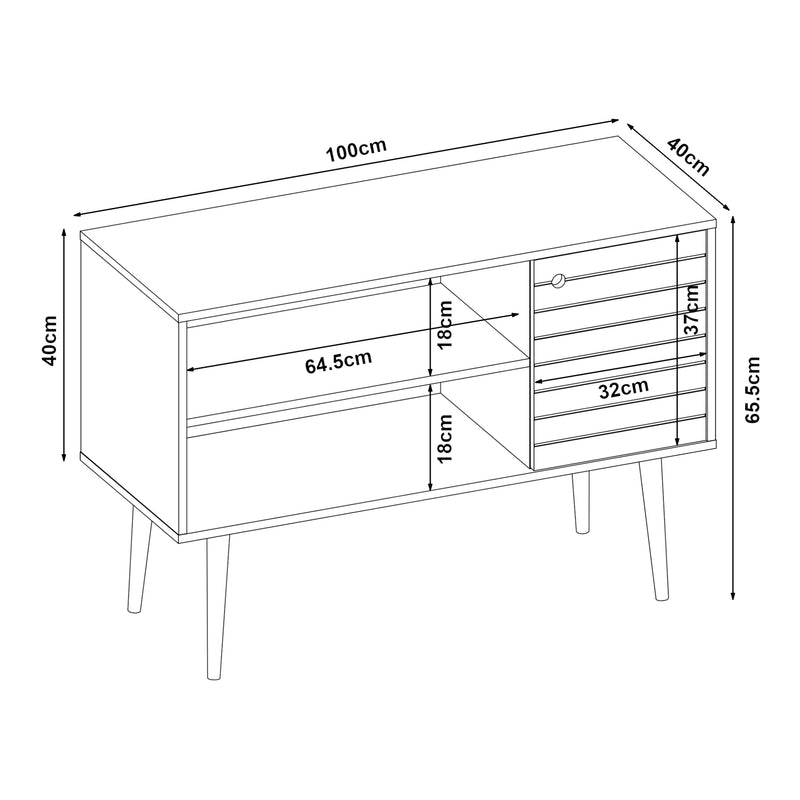 Croquis coté Meuble TV Vare 100 x 40 x 66 cm blanc / jaune [en.casa] 