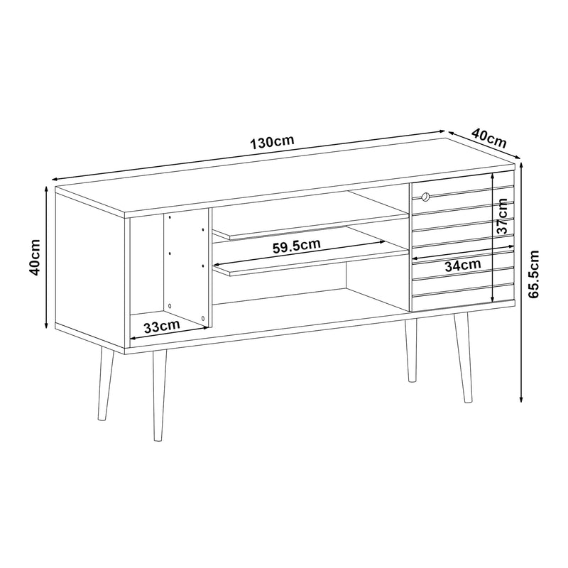 Croquis coté Meuble TV Vare 130 x 40 x 66 cm blanc [en.casa] 