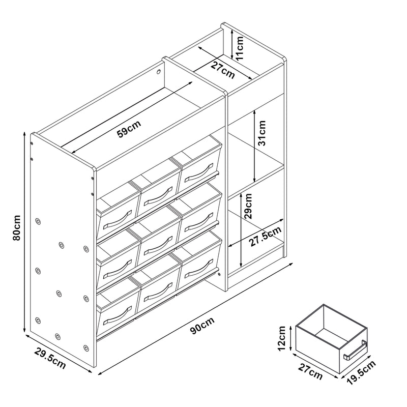 Croquis coté Étagère pour enfants Farusa 80 x 90 x 30 cm à motif Aqua Dream [en.casa] 