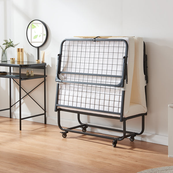 Lit pliant en métal Lustendi avec matelas 200x90cm Noir/effet chêne [en.casa]