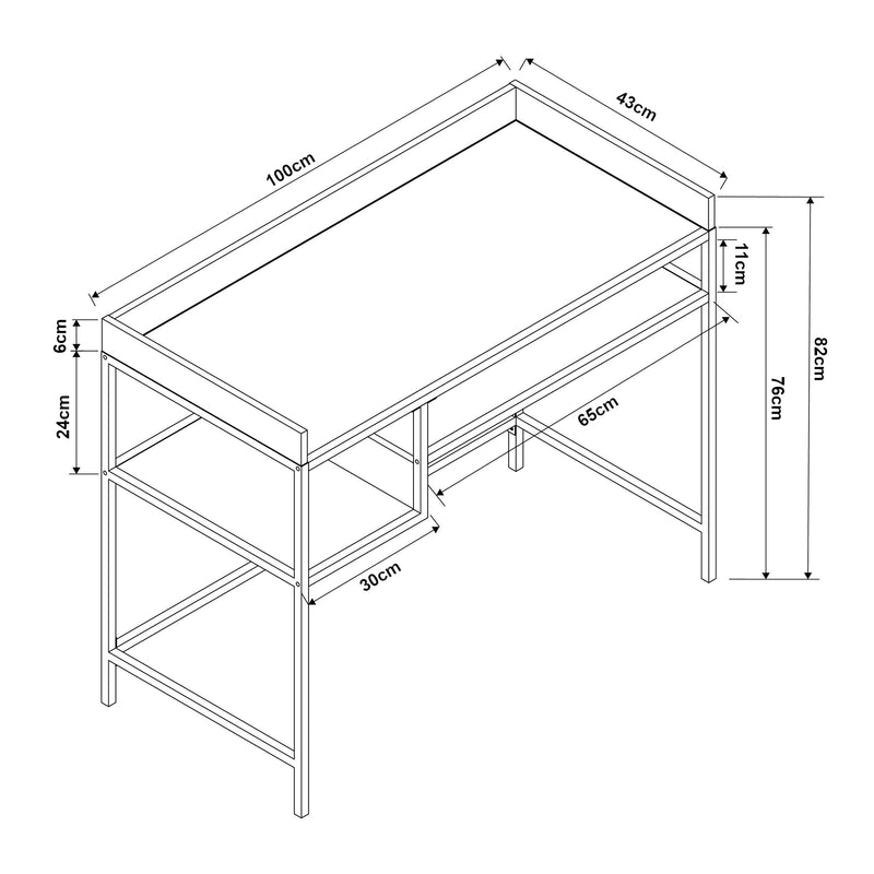 Croquis coté Bureau Belana 100 x 43 x 82 cm noir / effet chêne [en.casa] 