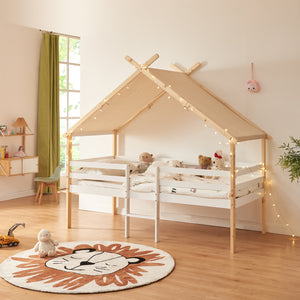 Lit maison Surnadal avec matelas 90x200 cm Bois de pin Blanc/Nature [en.casa]