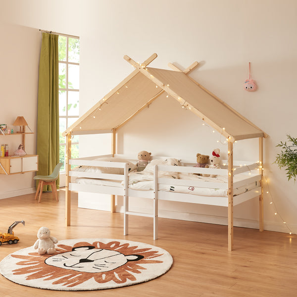 Lit maison Surnadal avec matelas 90x200 cm Bois de pin Blanc/Nature [en.casa]