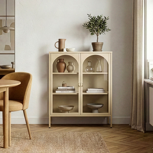 Buffet haut Klippestad acier verre trempé 95 x 80 x 35 cm camel [en.casa]