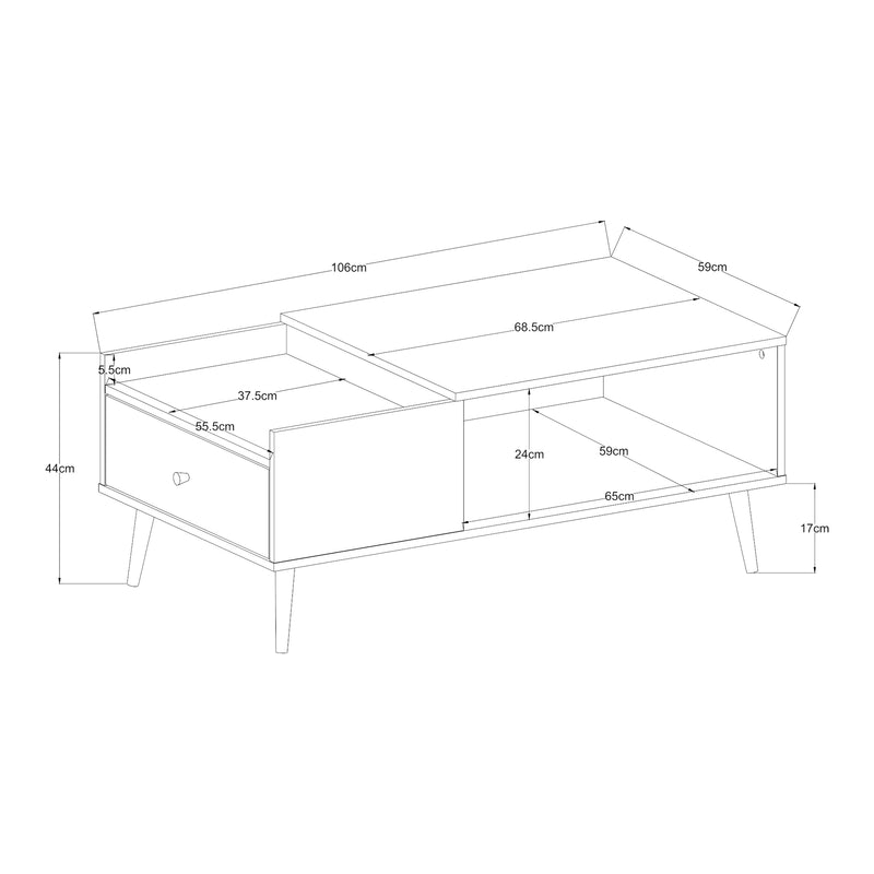 Croquis coté Table basse Hallevil avec tiroir 106 x 59 x 44 cm blanc [en.casa]