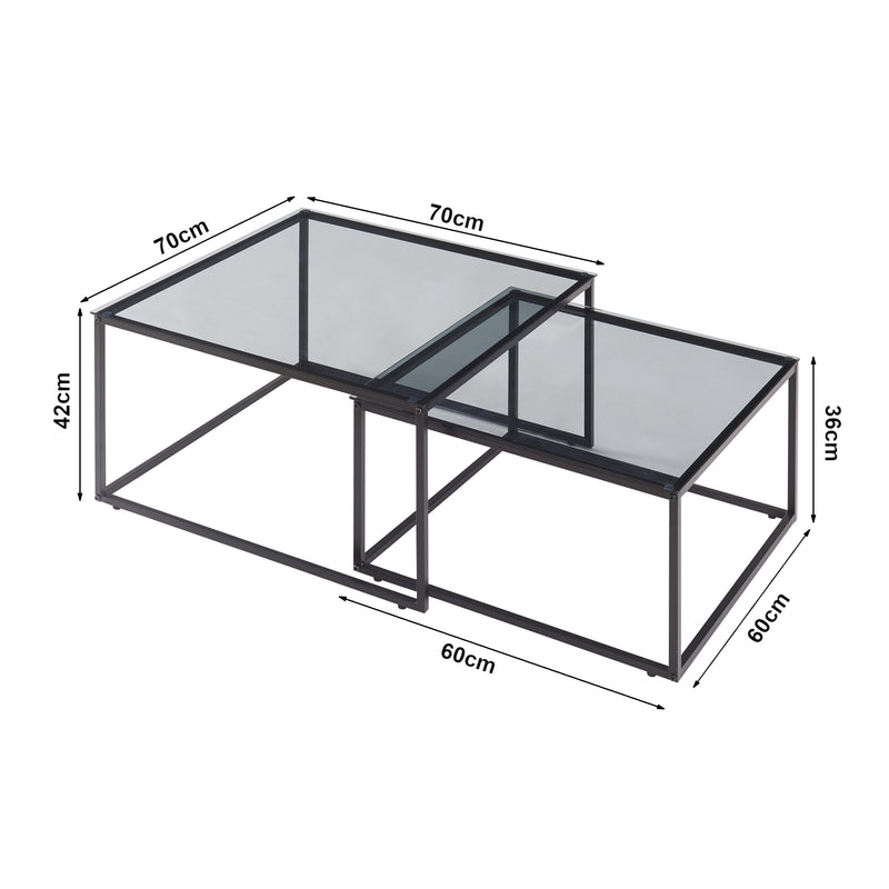 Croquis coté Lot de 2 tables basses Tromlaslo gigognes verre fumé gris [en.casa] 