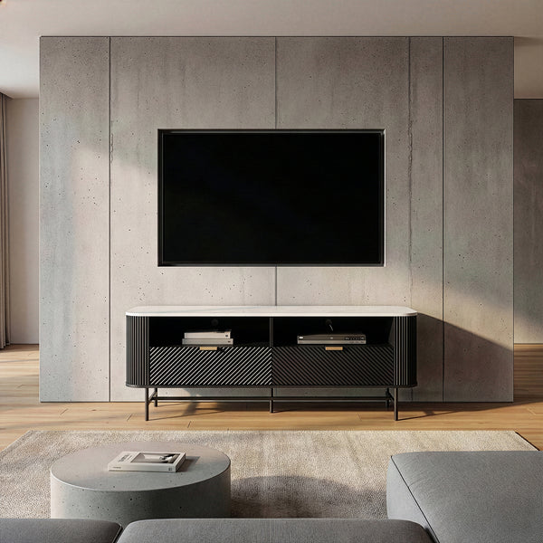 Meuble TV bas Olvehok 140x40x55 cm Noir/effet marbre, blanc [en.casa]