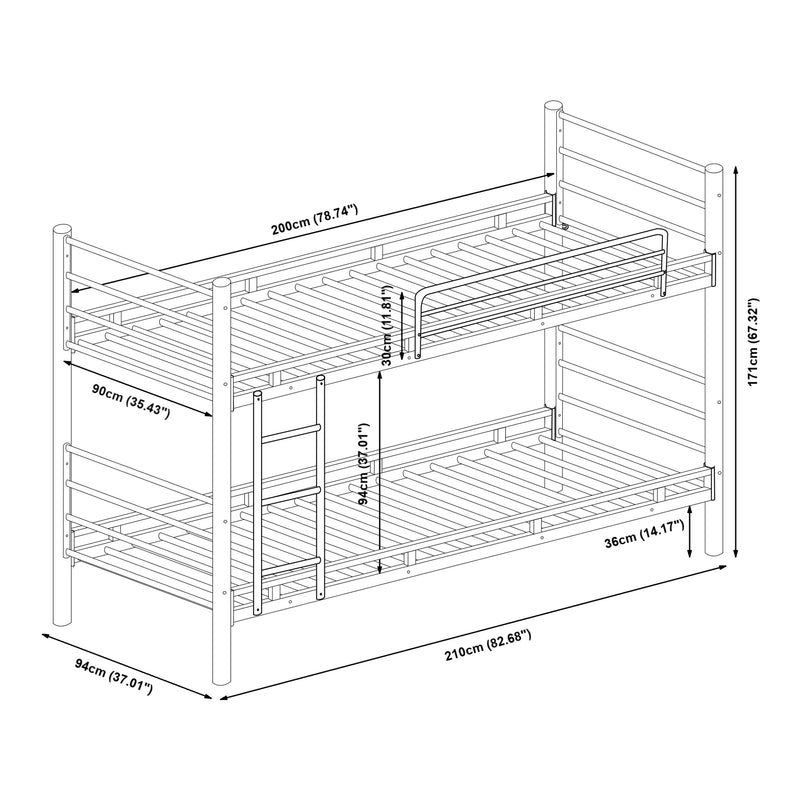 Croquis coté Lit superposé en métal Bevapis avec 2 matelas 90 x 200 cm noir [en.casa] 