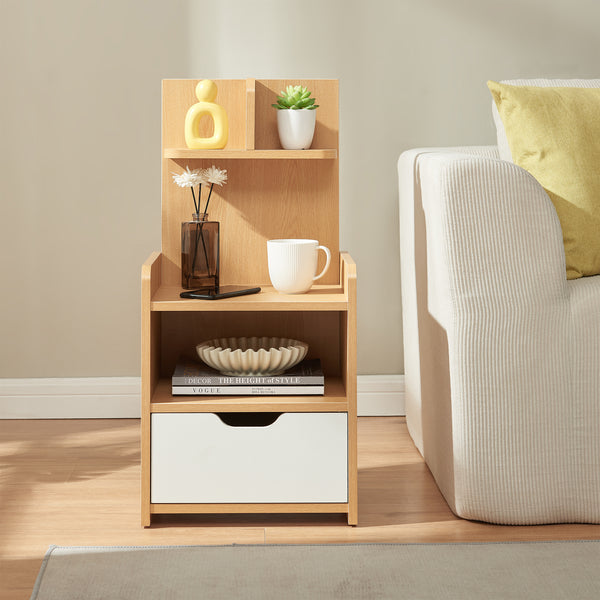 Table de chevet Bordkak avec étagère 75x35x30 cm aspect chêne/blanc [en.casa]