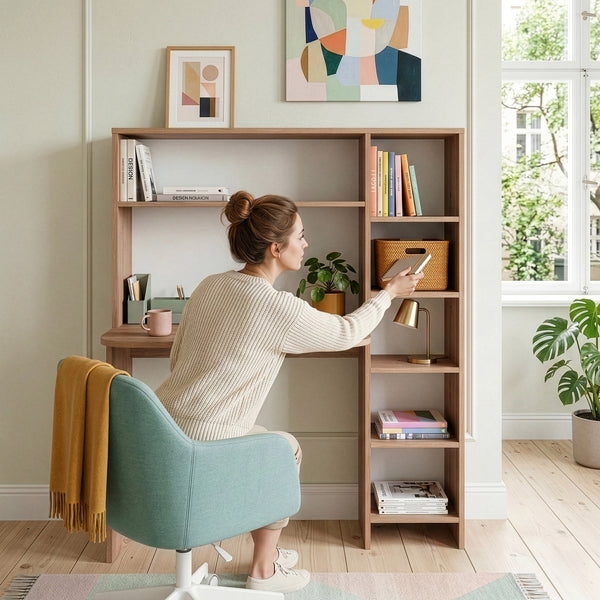 Bureau Onega avec étagère intégrée 143 x 114 x 40 cm effet bois [en.casa]