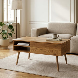 Table basse Vasdabod avec plateau relevable 96x59x50 cm aspect chêne [en.casa]