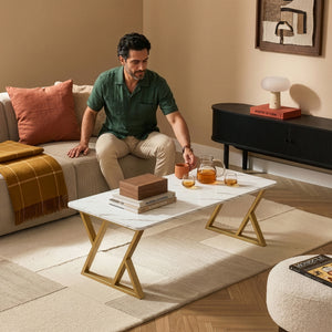 Table basse Nolu 120 x 60 x 46 cm doré / effet marbre, blanc [en.casa]