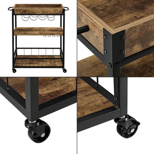 Chariot de Service Thalwil avec Range-Bouteilles Range-Verres Plateau Amovible Bois Foncé Noir [en.casa]