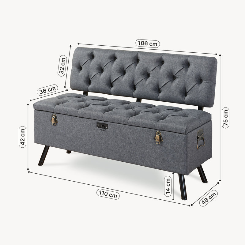 Croquis coté Banquette de rangement Malmöhus siège rabattable gris foncé [en.casa]