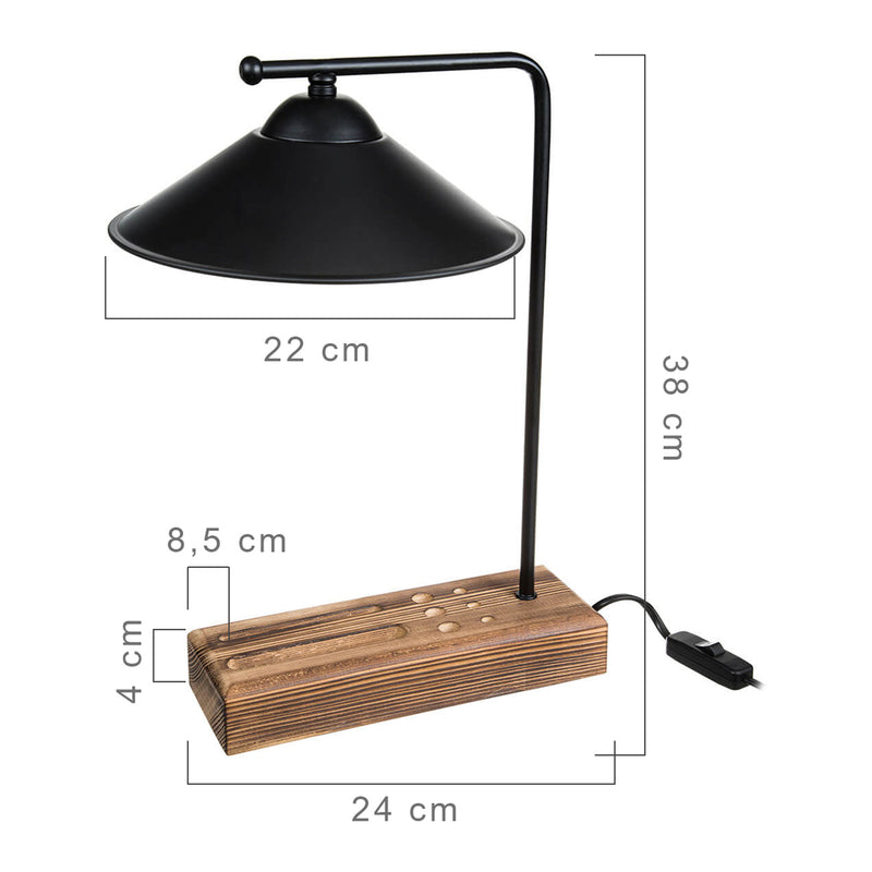 Croquis coté Lampe de bureau Folkestone en bois métal ABS 38 cm E27 noir / bois [lux.pro]