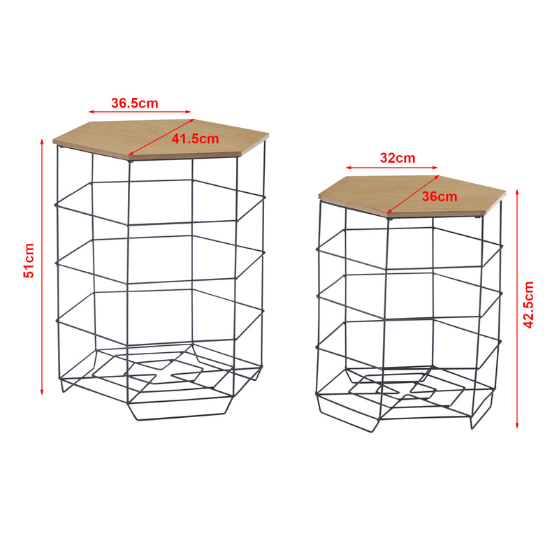 Croquis coté Lot de 2 paniers en métal Hørsholm avec plateau amovible hexagonal noir / effet bois [en.casa]