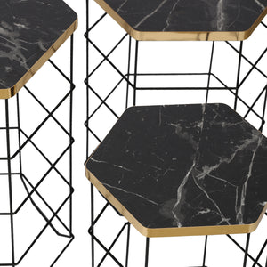 Set de tables d'appoint Hørning lot de 3 paniers en métal noir / aspect marbre [en.casa]
