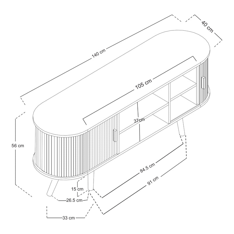 Croquis coté Buffet Nordkapp avec portes coulissantes MDF bambou bois 140 x 40 x 56 cm naturel [en.casa]