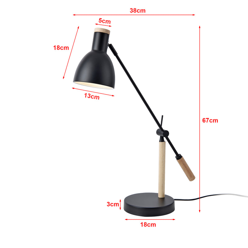Croquis coté Lampe de table Watford E27 métal bois 67 x 38 x 18 cm noir naturel lux.pro