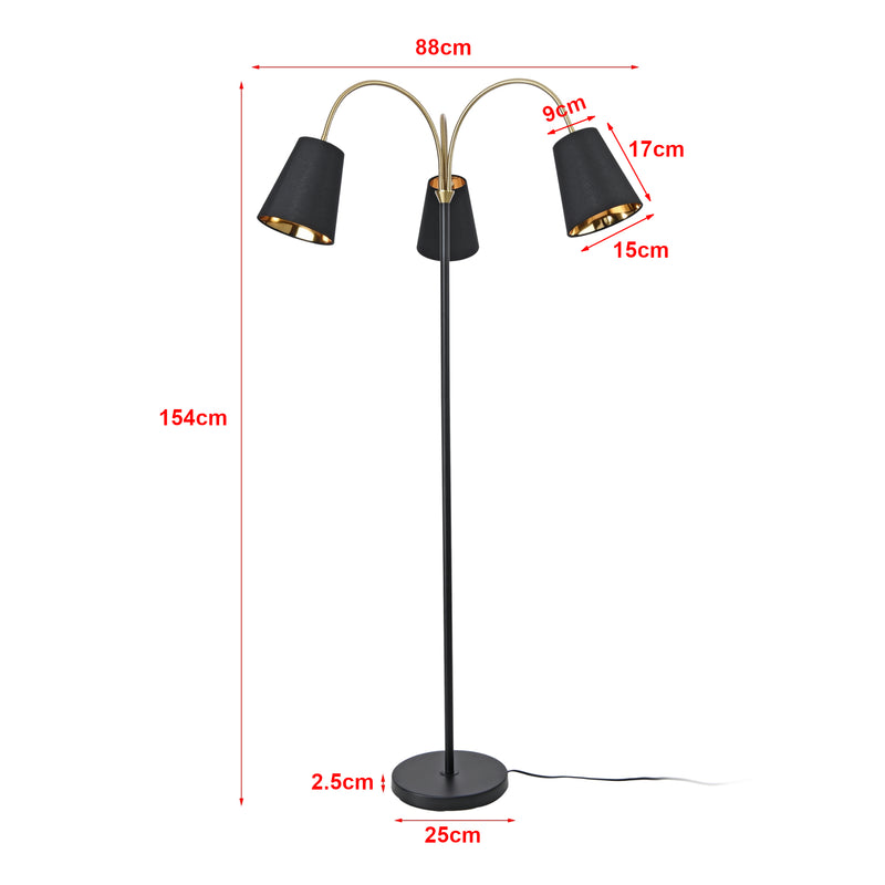 Croquis coté Lampadaire Wycombe avec 3 douille E14 métal polyester hauteur 154 cm noir or lux.pro