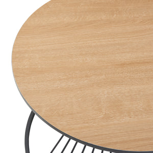Table basse Fossbergom avec plateau rond et étagère métal MDF 42 x 70 cm noir effet chêne [en.casa]