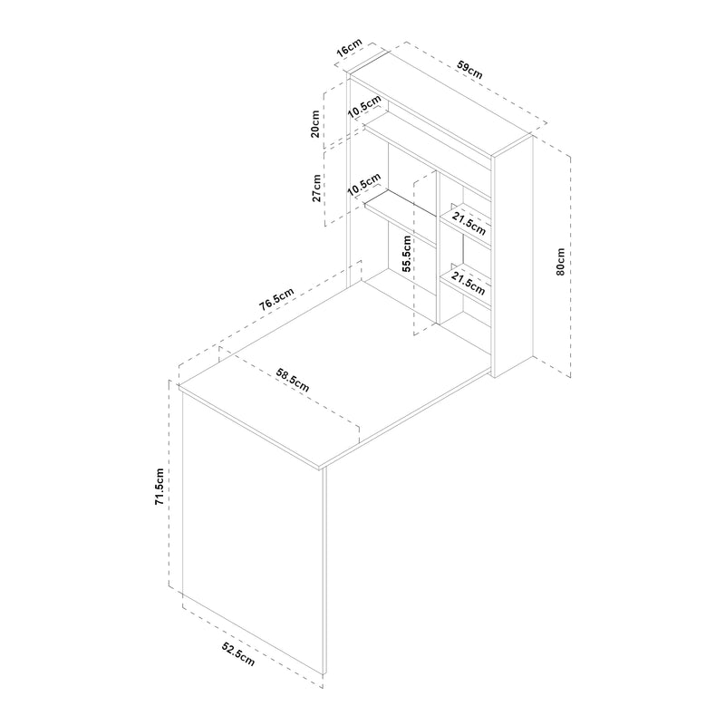 Croquis coté Bureau mural pliant Greve 72 x 77 x 59 cm blanc effet bois [en.casa]