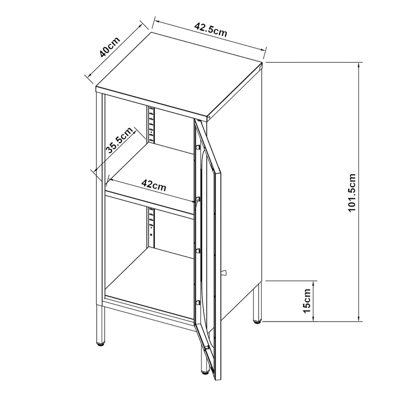 Croquis coté Armoire vitrée Karlskrona acier verre 102 x 43 x 40 cm noir mat [en.casa]