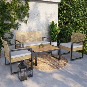 Salon de jardin 4 pièces Calciano aspect rotin beige noir naturel casa.pro