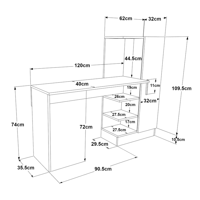 Croquis coté Bureau Varhalo avec armoire intégrée 120 x 153 x 40 cm effet chêne anthracite [en.casa]