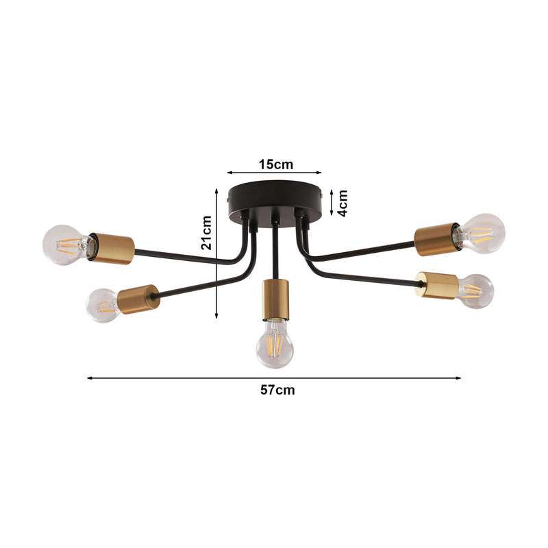 Croquis coté Plafonnier Benfleet 5 x E27 noir / couleur laiton lux.pro 