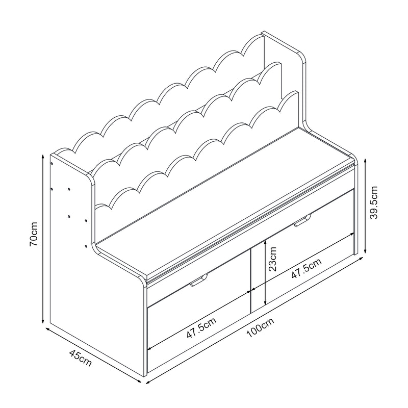 Croquis coté Banc pour enfant Vestnes avec étagère 100 x 45 x 70 cm rose blanc [en.casa]

