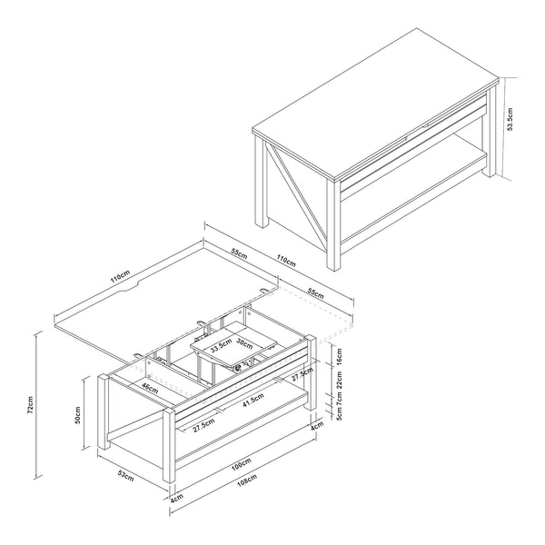 Table basse Kasama avec plateau relevable et espace de rangement 110x55x54 cm aspect noyer/blanc [en.casa]