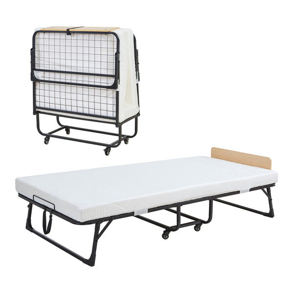 Lit pliant en métal Lustendi avec matelas 200x90cm Noir/effet chêne [en.casa]