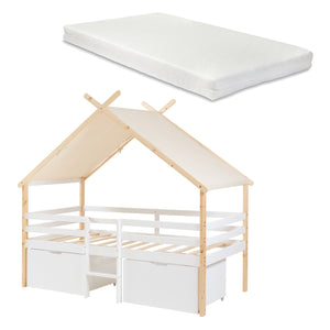 Lit maison Surnadal avec matelas 90x200 cm Bois de pin Blanc/Nature [en.casa]