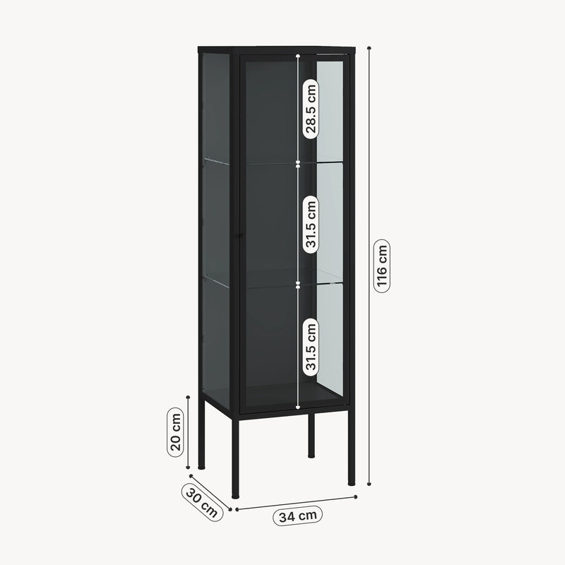 Croquis coté Armoire vitrine Borshavisa 116 x 34 x 30 cm acier noir [en.casa] 