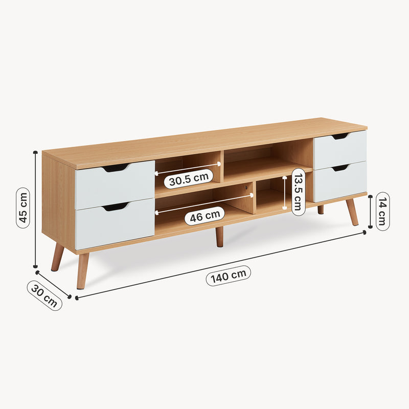 Croquis coté Meuble TV Bordkak 140 x 30 x 45 cm effet chêne blanc [en.casa] 